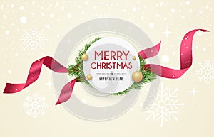 Merry Christmas ribbon label, banners design on snow and star