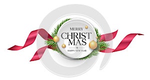 Merry Christmas ribbon label vector, banners design isolated on white background