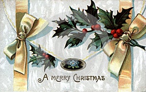 A Merry Christmas, ribbons with bows, holly