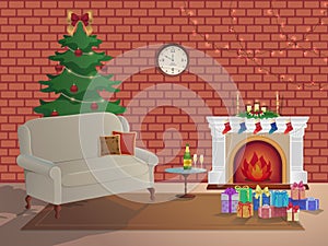 Merry Christmas room interior on a brick background with a fireplace, Christmas tree, couch, gift boxes, wall clock. Candles socks