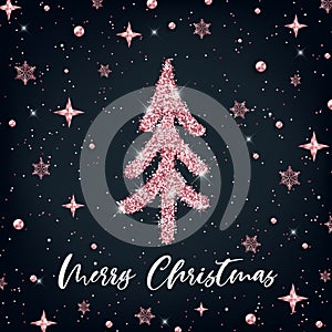 Merry Christmas rose gold greeting card template. Hand drawn stylized Christmas tree with glitter effect on black decorated