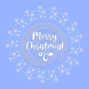 Merry Christmas. Round frame of geometric snowflakes. Frosty pattern on glass. Vintage font. For posters, postcards