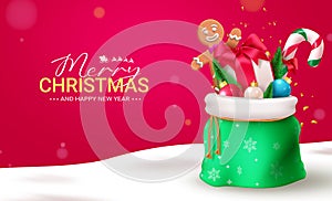 Merry christmas sacks vector design. Christmas and new year greeting text with santa sack