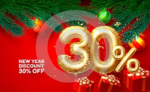 Merry Christmas, sale 30 off ballon number on the red background. Vector