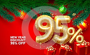 Merry Christmas, sale 95 off ballon number on the red background. Vector