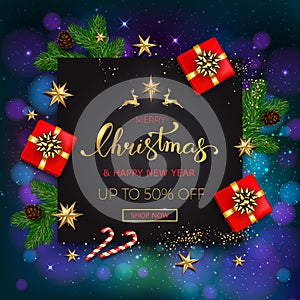 Merry Christmas sale banner with gift boxes golden stars and christmas tree branches on blue bokeh background. Vector