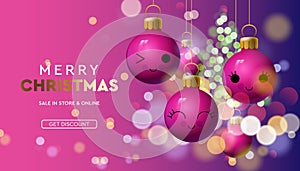 Merry Christmas sale banner with pink colorful baubles sparkle in blur bokeh effect pink background.