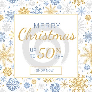 Merry Christmas SALE banner template. Winter Holidays design made of beautiful snowflakes in modern line art style on white