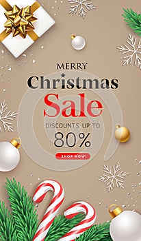 Merry Christmas Sale message, with Santa Staff and Pine leaves, gold ball, snow flakes, gold ribbons, flyer poster design