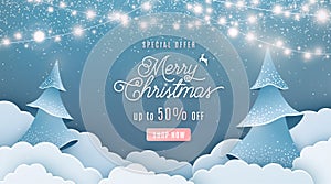 Merry christmas sale 50 off vector background. Winter holiday discount ad banner with light garland, spruce fir tree photo