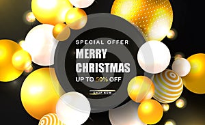 Merry Christmas Sale poster with abstract volumetric balls and luminous garlands . Vector illustration. Design for