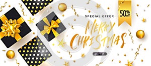 Merry Christmas Sale poster with gift boxes,Christmas balls and shiny serpentine . Vector illustration. Design for