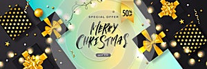 Merry Christmas Sale poster with luminous garlands,gift boxes and shiny serpentine . Vector illustration. Design for