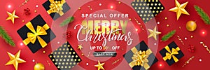 Merry Christmas Sale poster with serpentine, fir branches, gift boxes, Rowan and gold stars. Vector illustration. Design