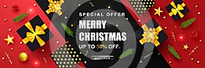 Merry Christmas Sale poster with serpentine, fir branches, gift boxes, Rowan and gold stars. Vector illustration. Design