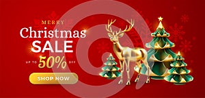 Merry Christmas sale promotion poster banner template - Discount 50% off text and button - festive decoration gold Christmas deer