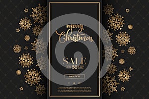 Merry Christmas sale vector banner with gold lettering and snowflakes decoration isolated on black background. Elegant design card