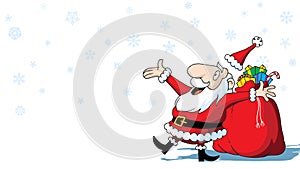 Merry Christmas Santa Claus with bag of toys on white background