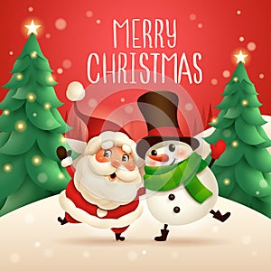 Merry Christmas! Santa Claus and Cheerful Snowman arm over shoulder