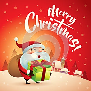 Merry Christmas! Santa Claus in Christmas snow scene. Christmas greeting card.