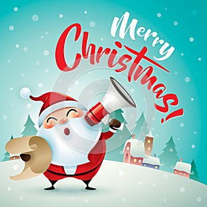 Merry Christmas! Santa Claus in Christmas snow scene. Christmas greeting card.