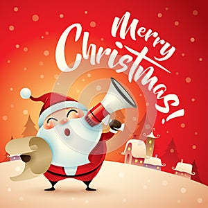 Merry Christmas! Santa Claus in Christmas snow scene. Christmas greeting card.