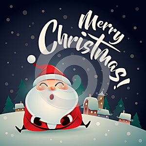 Merry Christmas! Santa Claus in Christmas snow scene. Christmas greeting card.