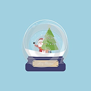 Merry christmas santa claus and christmas tree with gift in snow globe