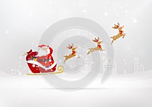 Merry Christmas, Santa Claus is coming to town, silver stars snow falling sparkle on background in winter season, celebration