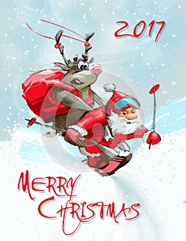 Merry Christmas Santa Claus and deer card