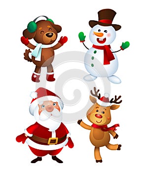 Merry Christmas. Santa Claus, Dod, Snowman and Reindeer. Happy Holiday Mascots Set