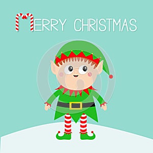 Merry Christmas. Santa Claus Elf standing on snowdrift. Green hat. Happy New Year. Cute cartoon funny kawaii baby character. Flat