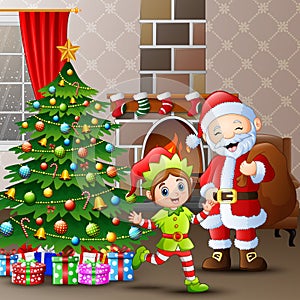 Merry christmas with santa claus and elves at home