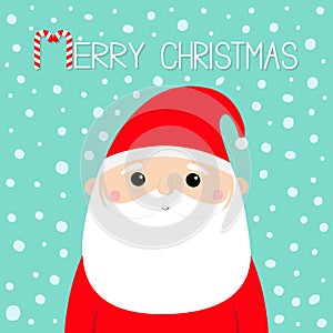 Merry Christmas. Santa Claus face head icon. Candy cane. New Year. Red hat. Moustaches, beard. Cute cartoon funny kawaii baby