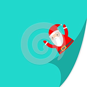 Merry Christmas. Santa Claus face holding hands up. Fold page corners. Red hat. Curled paper corner. Cute cartoon kawaii funny