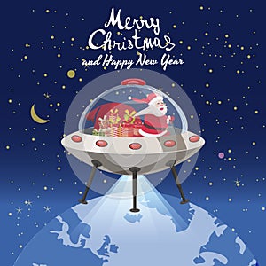 Merry Christmas Santa Claus flying in UFO spaceship flying saucer with gift boxes in space Earh night. Vector