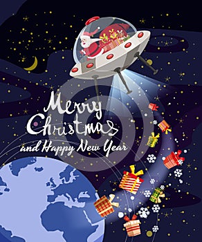 Merry Christmas Santa Claus flying in UFO spaceship flying saucer with gift boxes in space Earh night. Vector