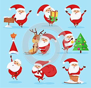 Merry Christmas Santa Claus with gifts, decorating a Christnas tree, hugging a reindeer vector set