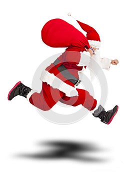 Merry Christmas Santa Claus holding gift bag and running.