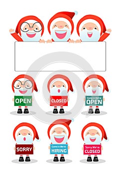 Merry Christmas. Santa Claus holding signs, open, closed, sorry, hiring