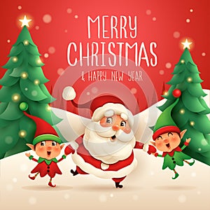 Merry Christmas! Santa Claus and Little Elves holding hands photo