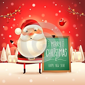 Merry Christmas! Santa Claus with message board in Christmas snow scene landscape