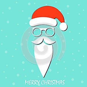 Merry Christmas. Santa Claus moustache, beard and glasses isolated on blue background.