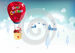 Merry Christmas, Santa Claus and reindeer traveling by big balloon, cute cartoon character fantasy, winter snow falling