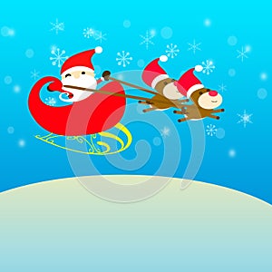 Merry Christmas with Santa Claus and Reindeers on Sleigh flying above Mountain View Falling Snow blue sky Wallpaper Background