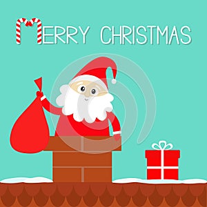 Merry Christmas. Santa Claus in the roof chimney holding bag. Red hat, costume, beard, gift box. Cute cartoon kawaii funny