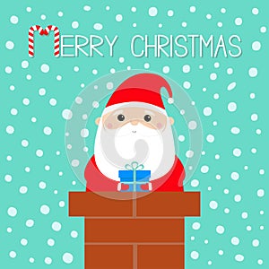 Merry Christmas. Santa Claus on the roof chimney. Red hat, beard, costume, belt buckle, bag, gift box. Happy New Year. Cute