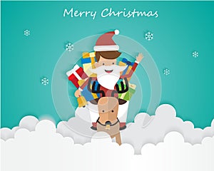 Merry Christmas Santa Claus On Sky with Gift Box and Reindeer, Greeting Card Background Illustration Paper Art