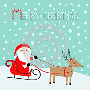 Merry christmas. Santa Claus Sleigh Deer with horns, red hat, scarf. Candy cane. Cute cartoon reindeeer head. Snowdrift. Blue wint