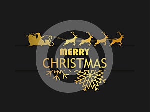 Merry Christmas. Santa Claus in a sleigh with reindeer on black background. Greeting card design template with golden gradient